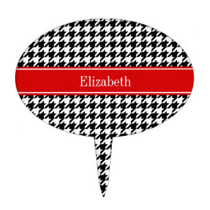 Black White Houndstooth Red Name Monogram Cake Topper