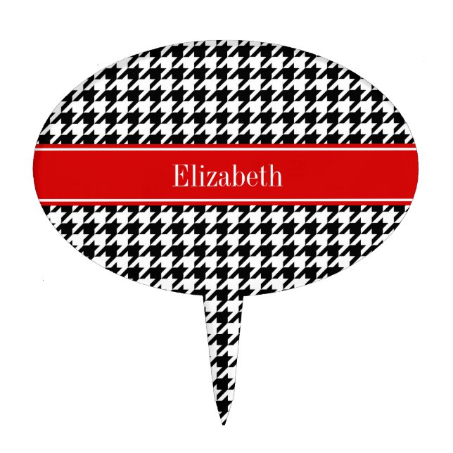Black White Houndstooth Red Name Monogram Cake Topper (Front)