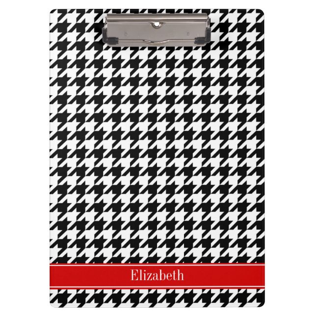 Black White Houndstooth Red Name Monogram Clipboard (Front)
