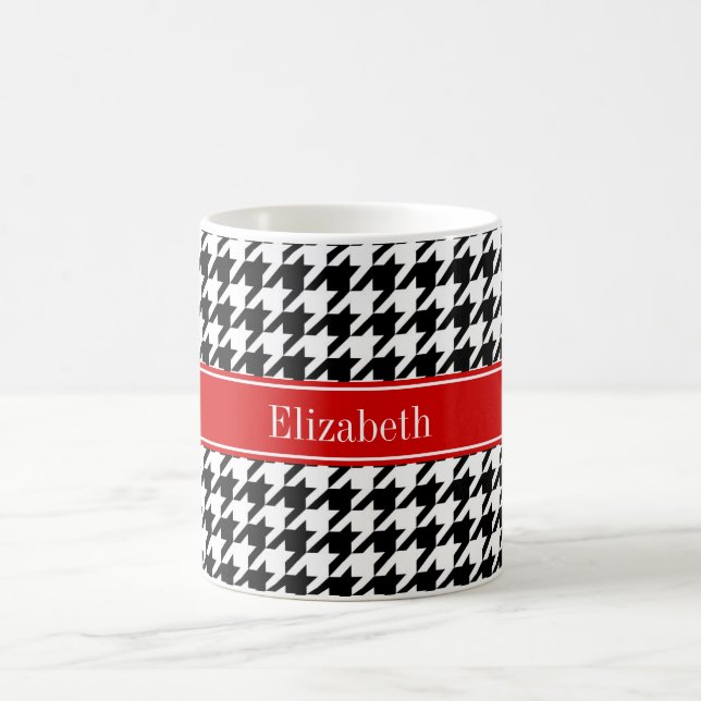 Black White Houndstooth Red Name Monogram Coffee Mug (Center)