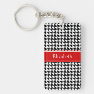 Black White Houndstooth Red Name Monogram Keychain