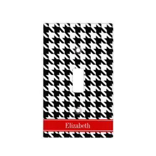 Black White Houndstooth Red Name Monogram Light Switch Cover