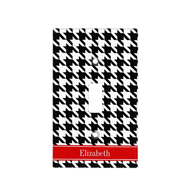 Black White Houndstooth Red Name Monogram Light Switch Cover (Front)