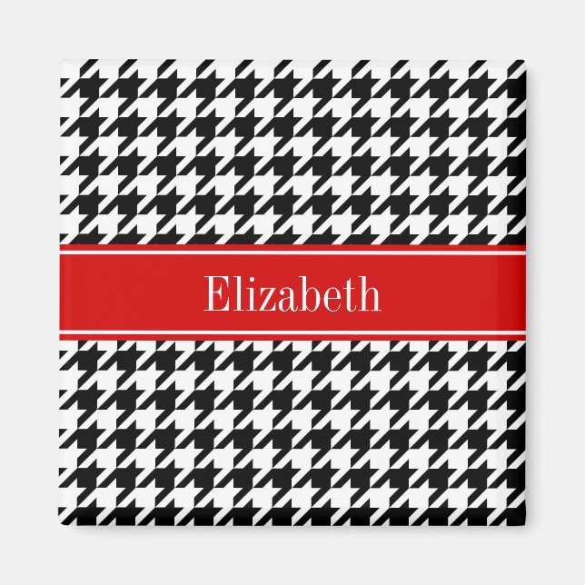 Black White Houndstooth Red Name Monogram Magnet (Front)