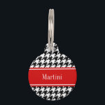Black White Houndstooth Red Name Monogram Pet Name Tag<br><div class="desc">Black and White Chevron ZigZag Pattern, Red Ribbon Name Monogram Label ========= Customize this with your name, monogram or other text. You can also change the font, adjust the font size and font color, move the text, add additional text fields, etc. Please note that this is a digitally created graphic...</div>