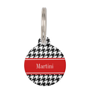 Black White Houndstooth Red Name Monogram Pet Name Tag