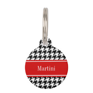 Black White Houndstooth Red Name Monogram Pet Name Tag