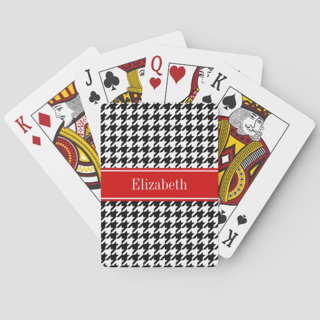 Black White Houndstooth Red Name Monogram Poker Cards (Back)
