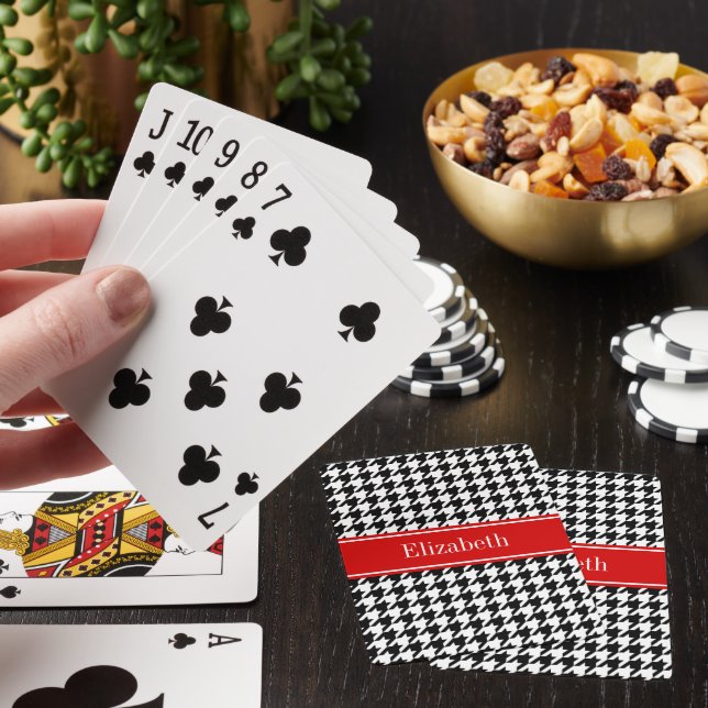 Black White Houndstooth Red Name Monogram Poker Cards (In Situ)