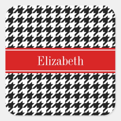 Black White Houndstooth Red Name Monogram Square Sticker