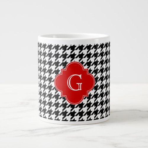Black White Houndstooth Red Quatrefoil Monogram Large Coffee Mug
