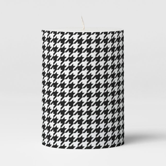 Black White Houndstooth Tissue Abstract Figures Pillar Candle (Front)