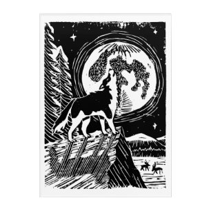 Black & White Howling Husky at Night Linocut Acrylic Print