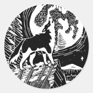 Black & White Howling Husky at Night Linocut Classic Round Sticker