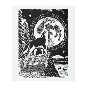 Black & White Howling Husky at Night Linocut Metal Print