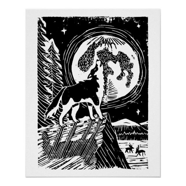 Black & White Howling Husky at Night Linocut Poster (Front)