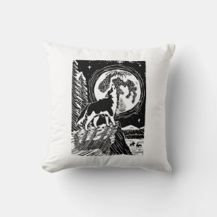 Black & White Howling Husky at Night Linocut Throw Pillow