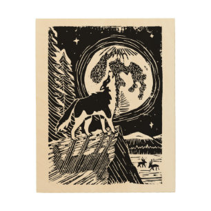Black & White Howling Husky at Night Linocut Wood Wall Art