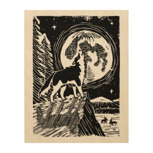 Black & White Howling Husky at Night Linocut Wood Wall Art