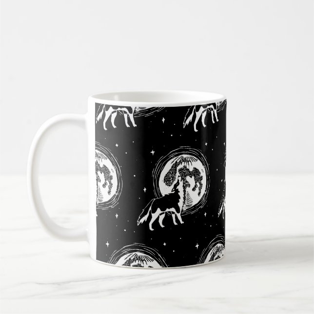 Black & White Howling Husky Moon Linocut Pattern Coffee Mug (Left)