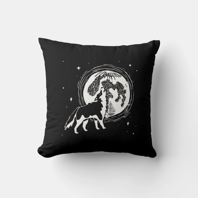 Black & White Howling Husky Moon Linocut Pattern Throw Pillow (Front)