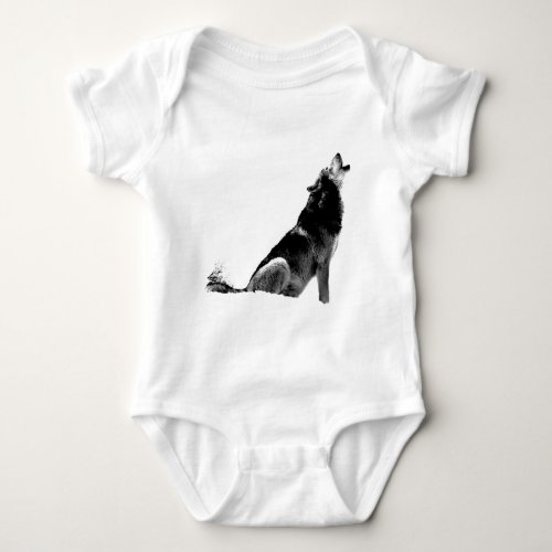 Black White Howling Wolf Baby Bodysuit