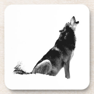 Black White Howling Wolf Beverage Coaster