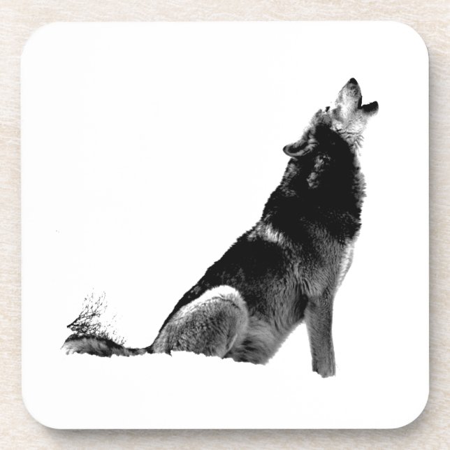 Black White Howling Wolf Beverage Coaster (Front)