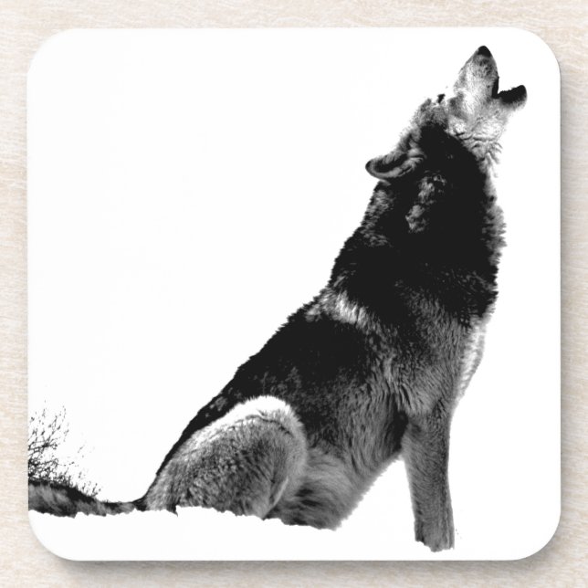 Black White Howling Wolf Beverage Coaster (Front)