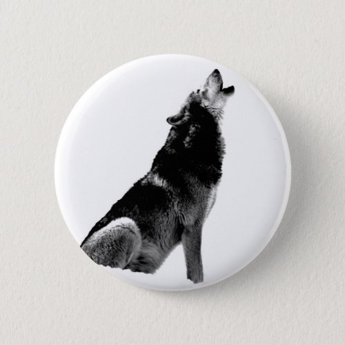 Black White Howling Wolf Button