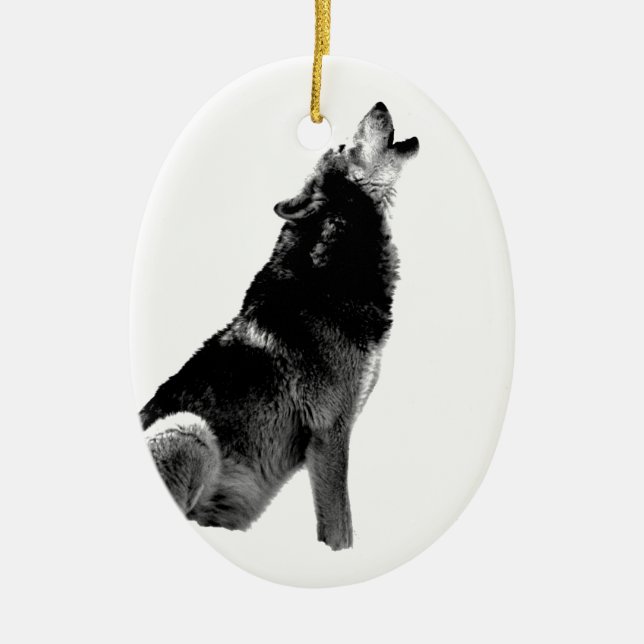 Black White Howling Wolf Ceramic Ornament (Front)