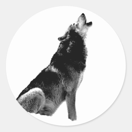 Black White Howling Wolf Classic Round Sticker
