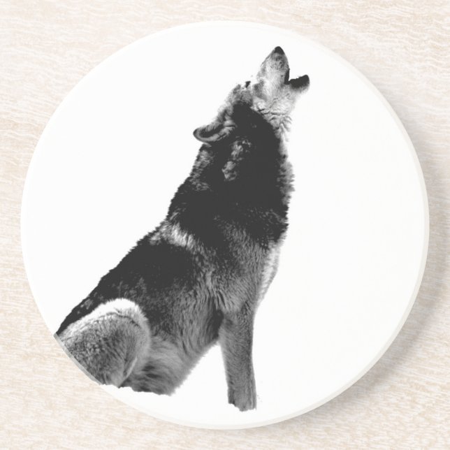 Black White Howling Wolf Drink Coaster (Front)