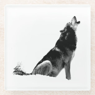 Black White Howling Wolf Glass Coaster