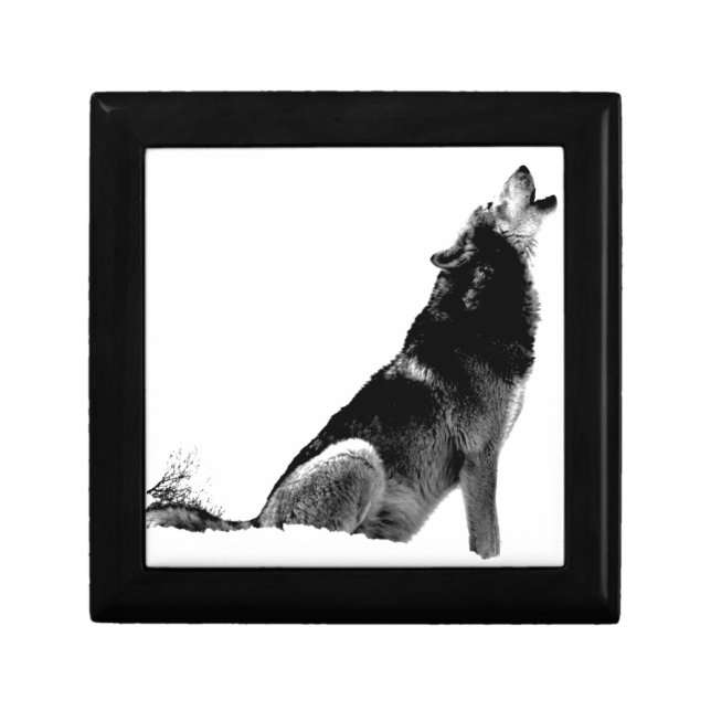 Black White Howling Wolf Jewelry Box (Front)