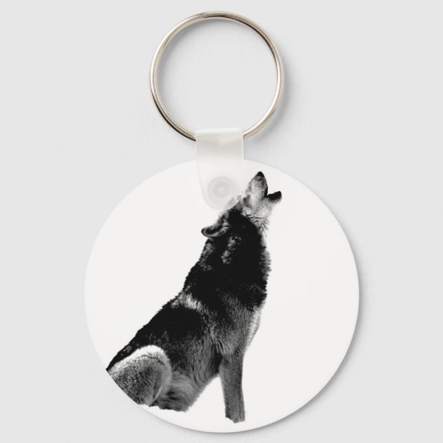 Black White Howling Wolf Keychain (Front)