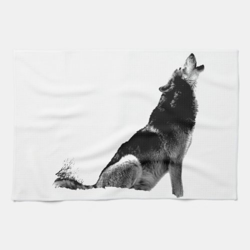 Black White Howling Wolf Kitchen Towel