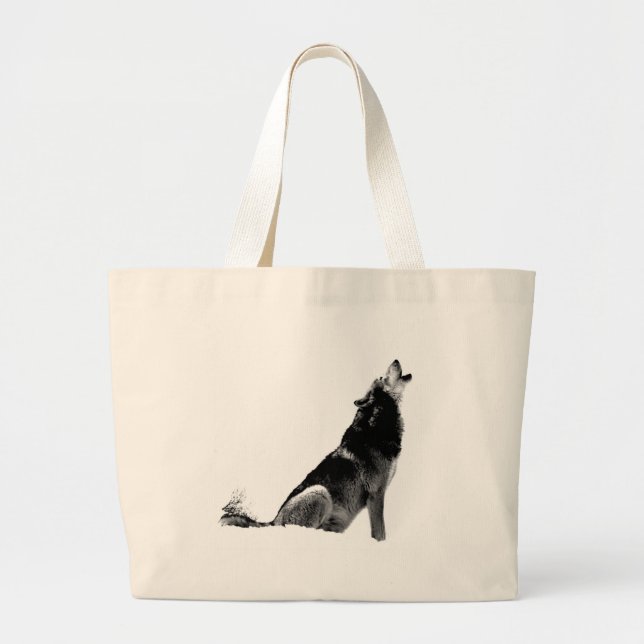 Black White Howling Wolf Large Tote Bag (Front)