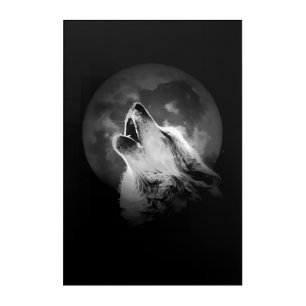 Black & White Howling Wolf & Moon Acrylic Print