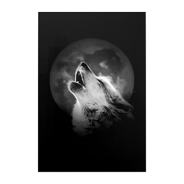 Black & White Howling Wolf & Moon Acrylic Print (Front)