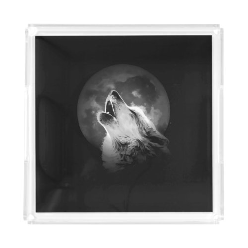 Black  White Howling Wolf  Moon Acrylic Tray