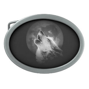 Black & White Howling Wolf & Moon Belt Buckle