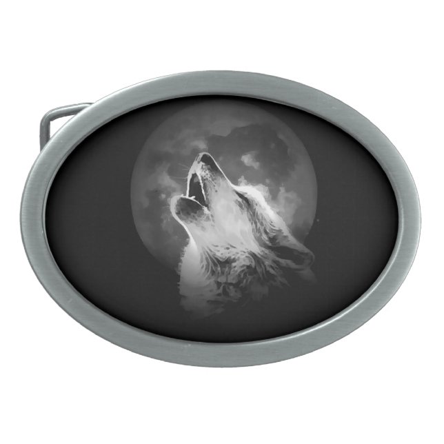 Black & White Howling Wolf & Moon Belt Buckle (Front)