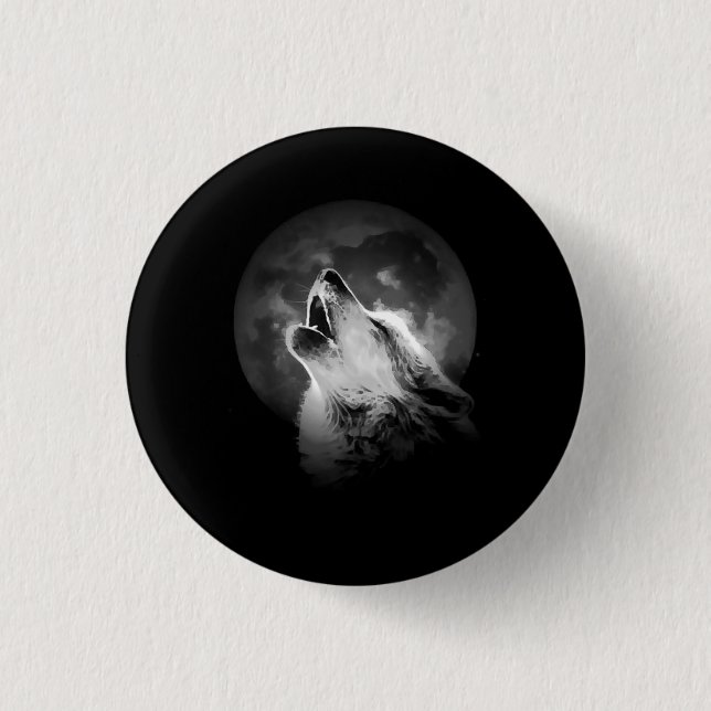Black & White Howling Wolf & Moon Button (Front)