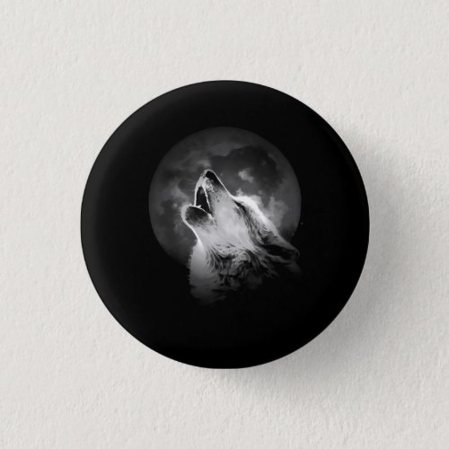 Black  White Howling Wolf  Moon Button