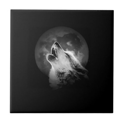 Black  White Howling Wolf  Moon Ceramic Tile