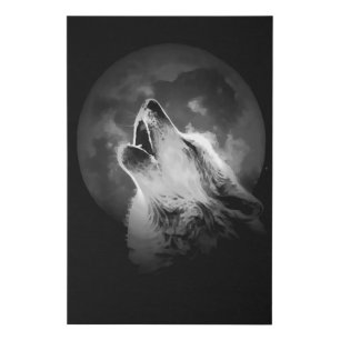 Black & White Howling Wolf & Moon Faux Canvas Print