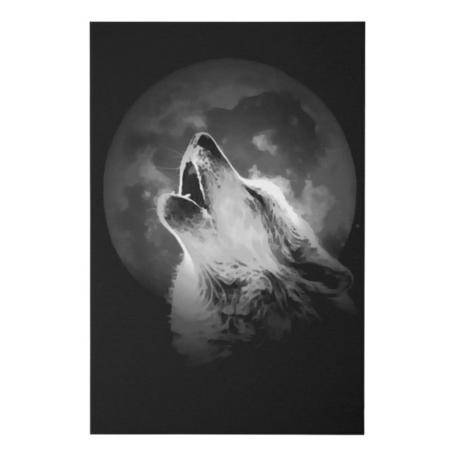 Black & White Howling Wolf & Moon Faux Canvas Print (Front)