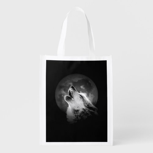 Black  White Howling Wolf  Moon Grocery Bag