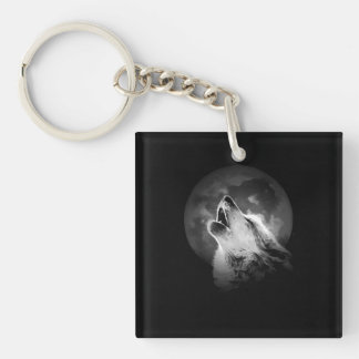 Black & White Howling Wolf & Moon Keychain